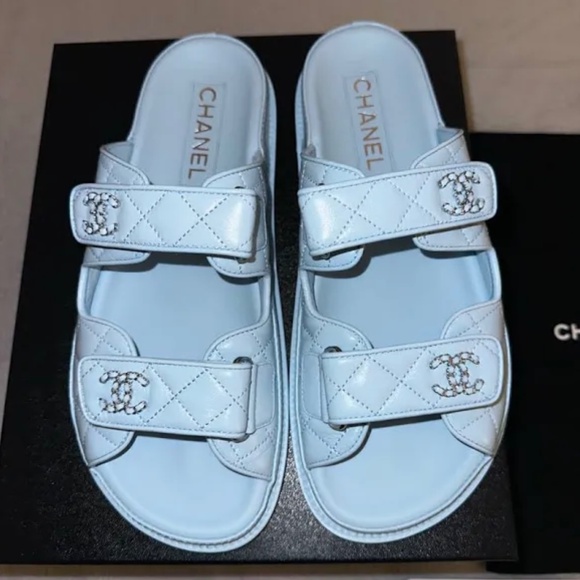 CHANEL Lambskin Quilted Velcro “Dad” Chain CC Slide Sandals - Picture 2 of 4
